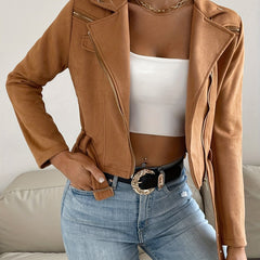 Solid Zip Up Biker Jacket Casual Lapel Long Sleeve Crop Jacket