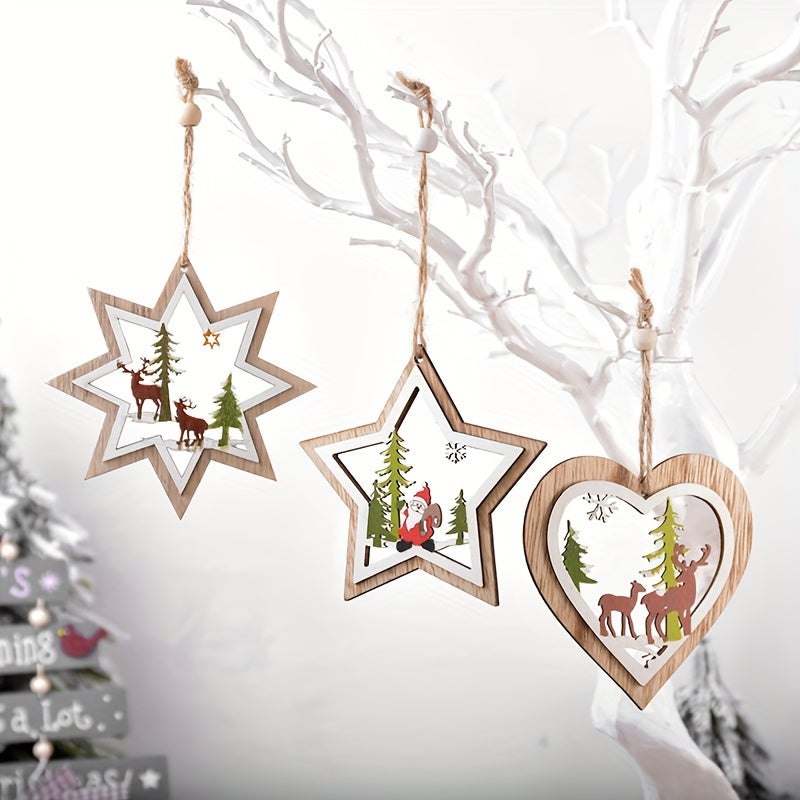 1pc Christmas Wooden Hollow Tree Pendant with Star Pendant