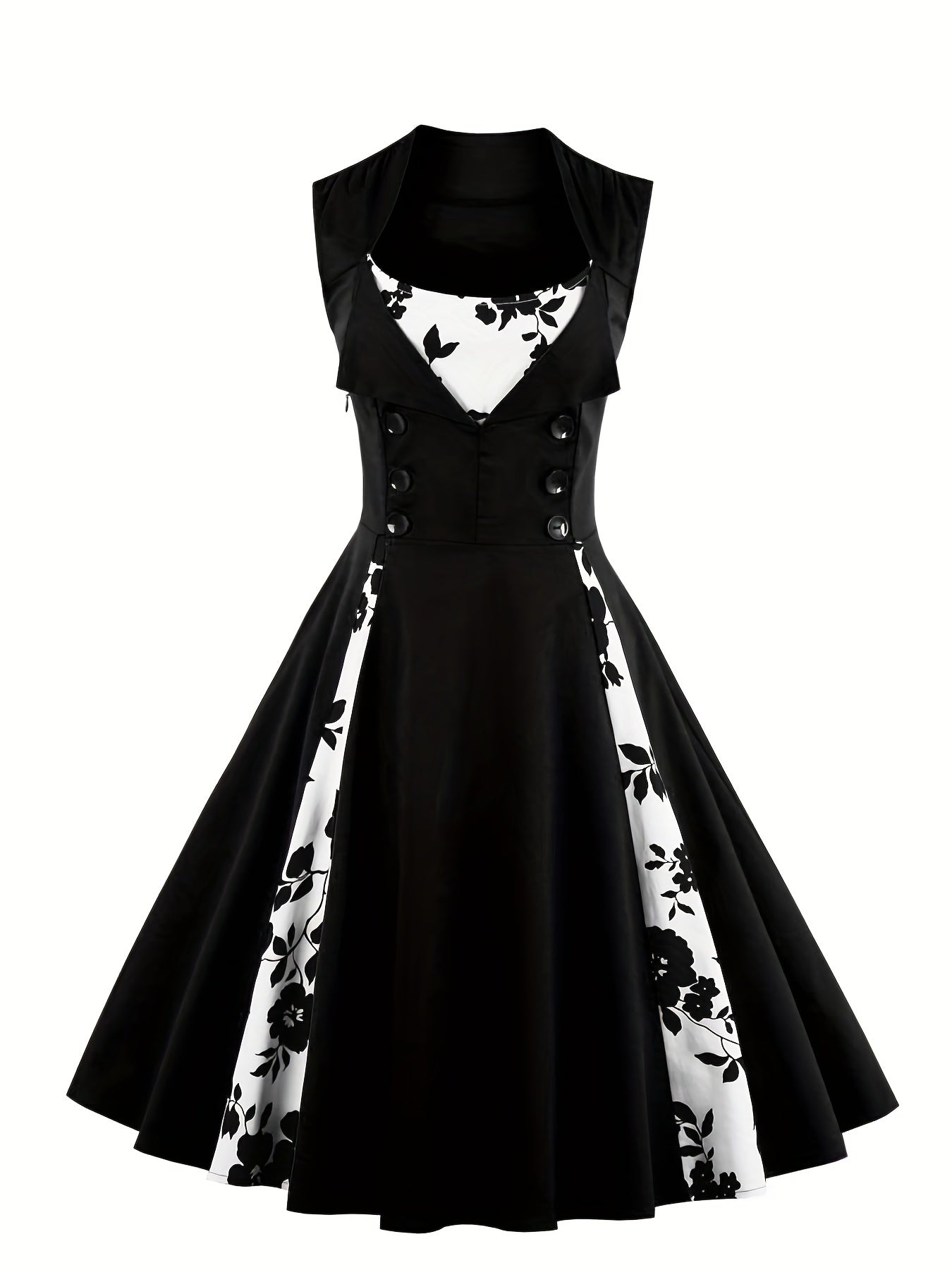 Retro Contrast Block Dress Button Sleeveless Waist Swing Dress