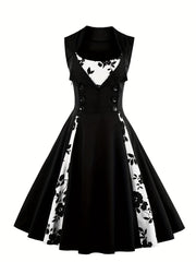 Retro Contrast Block Dress Button Sleeveless Waist Swing Dress