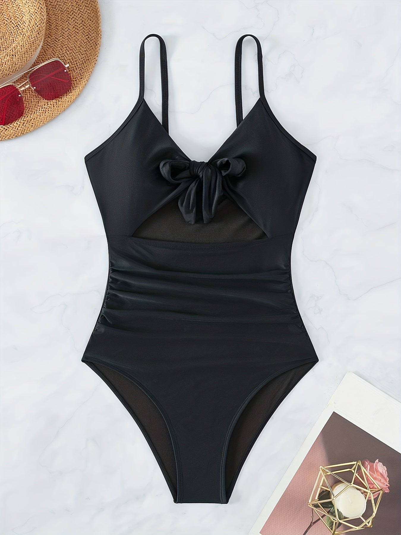 Cut Out Ruched One Piece Swimsuit V Neck Bathing Suit