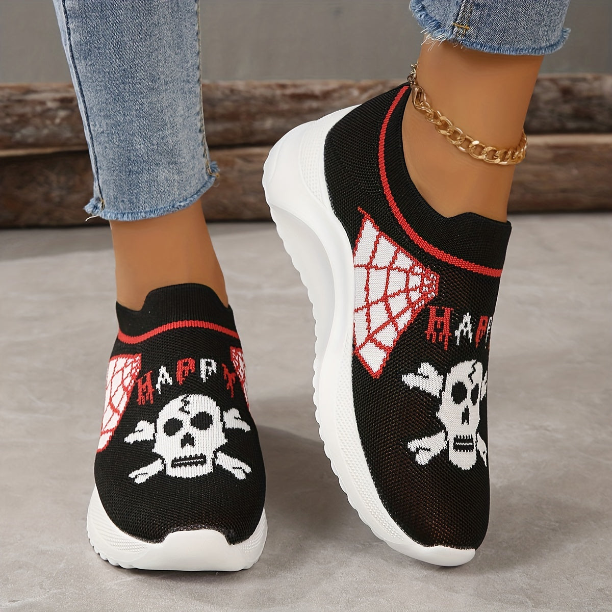 Women's Skull Pattern Sock Shoes Halloween Low Top Sneakers