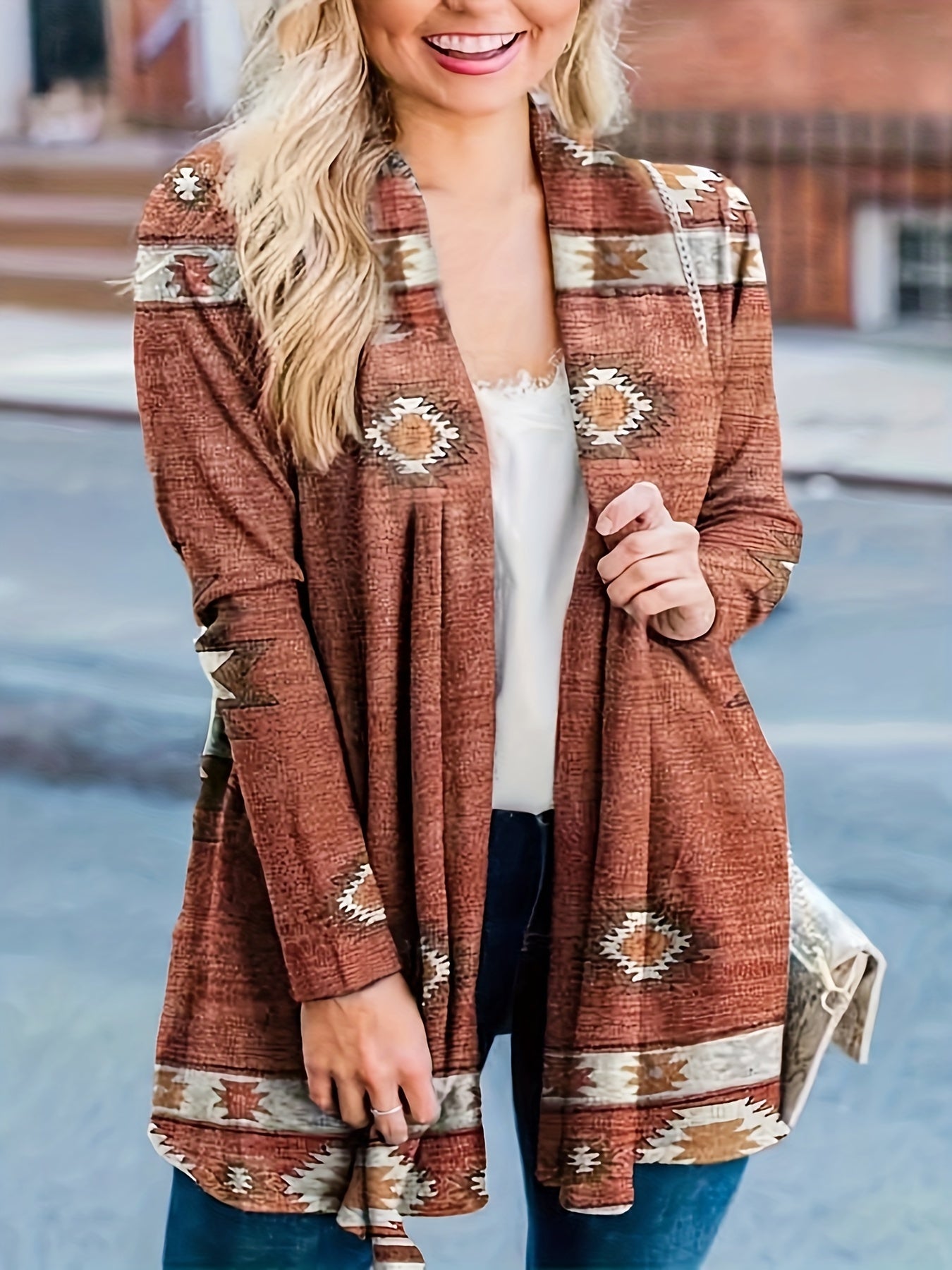 Boho Cardigan Women's Plus Colorblock Southwestern Print