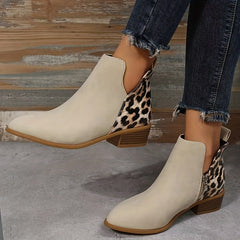 Leopard Pattern Chunky Boots Pointed Toe Side Zipper Short Boots