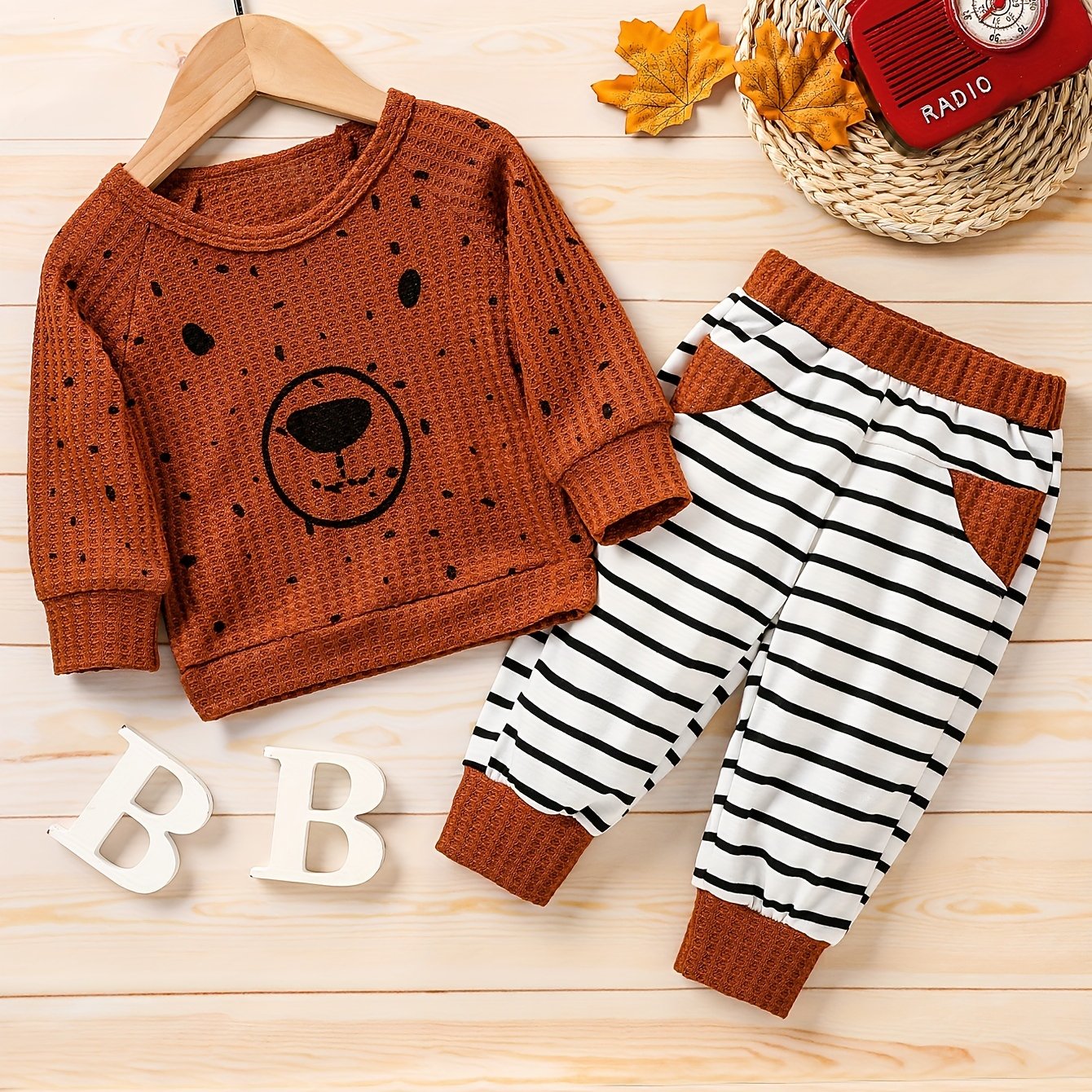 Boys Cartoon Dog Print Waffle Long Sleeve Striped Leg Set