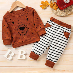 Boys Cartoon Dog Print Waffle Long Sleeve Striped Leg Set