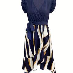Abstract Striped Print Dress Surplice Neck Ruffle Trim Dress