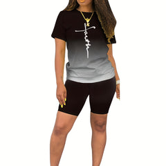 Faith Print Ombre Two-piece Set Short Sleeve Tops & Shorts