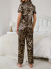 Leopard Print Pajama Set Short Sleeve Top & Pants Women's Sleepwear