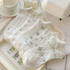 5 Pairs Bow Print Socks Sweet & Ruffle Short Socks