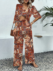 Cashew Floral Print 2pc Set Knot Front Crop Top & Wide Leg Pants