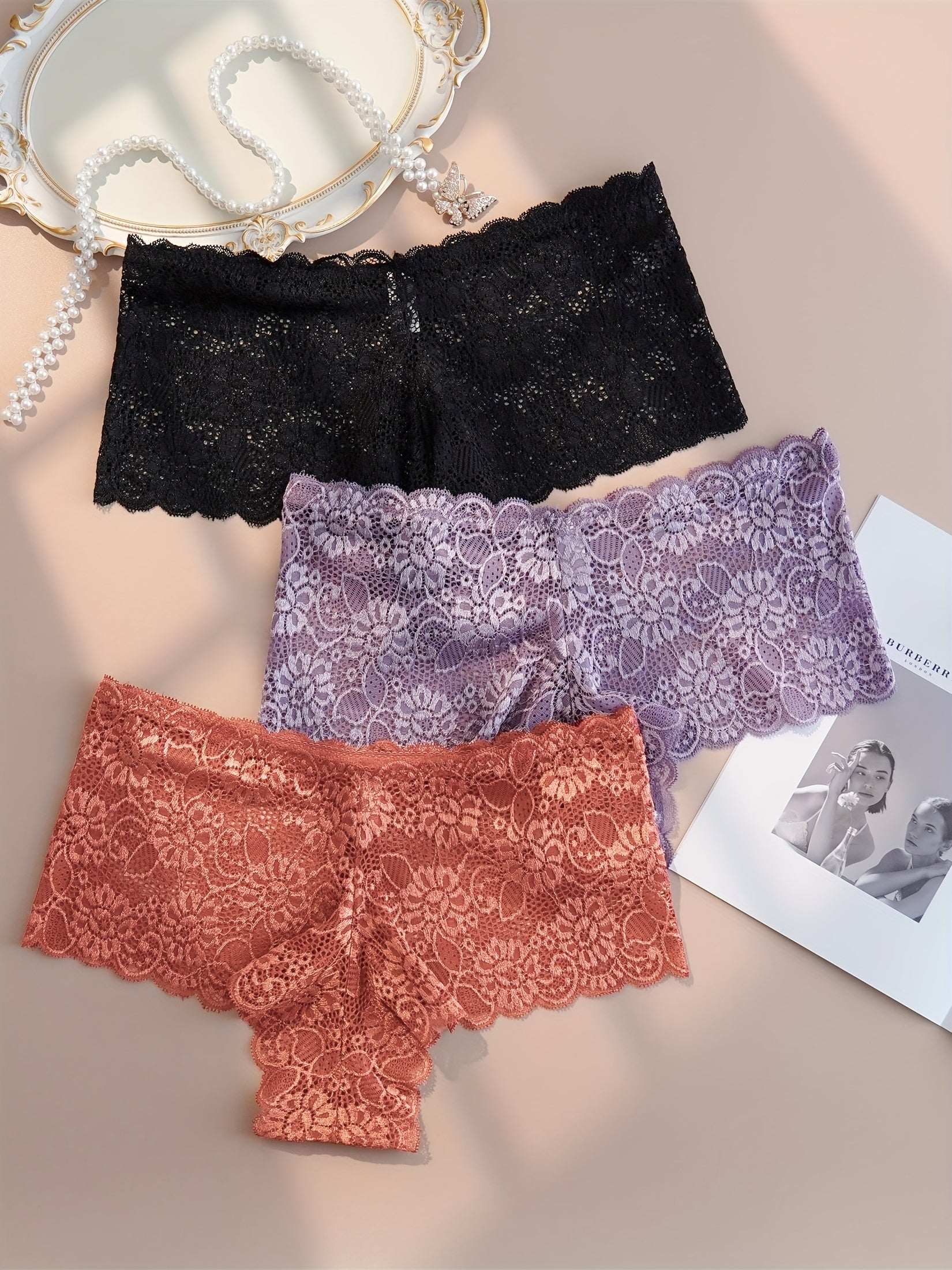 3 Pack Plus Size Floral Jacquard High Rise Panties Set