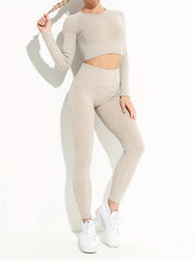 Rib Knit Yoga Set High Stretch Long Sleeve Top & Leggings Sports Suit