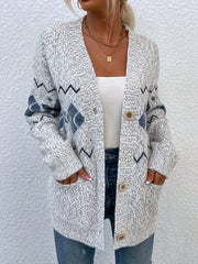 Geo Print Button Up Cardigan with Pockets