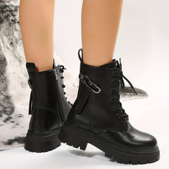 Women's Platform Combat Boots Lace Up Side Zipper Ankle Boots