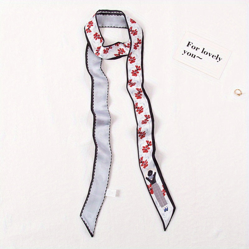 Long Ribbon Scarf Silk Floral Print Skinny Scarf Ribbon Necktie