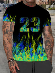 Men's Flame & 23 Print T-shirt Casual Comfy Slightly Stretch Tee