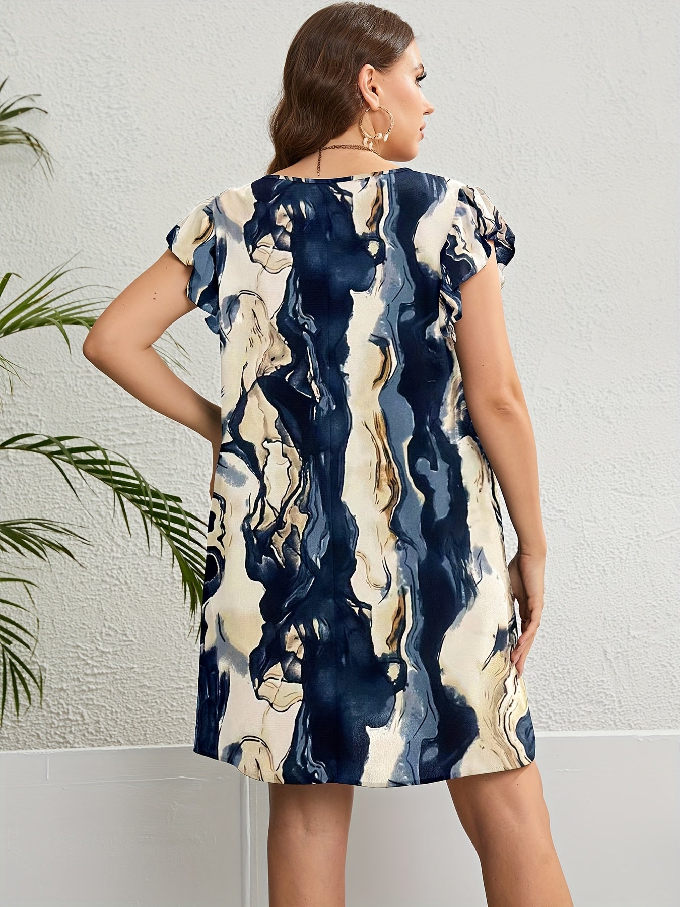 Marble Print Cap Sleeve Ruffle Trim Plus Size Casual Dress