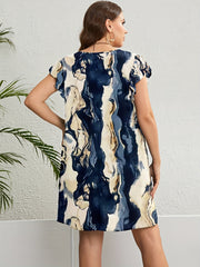 Marble Print Cap Sleeve Ruffle Trim Plus Size Casual Dress