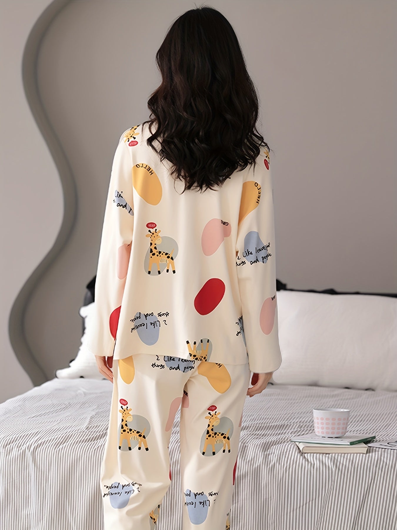 Cartoon Fawn Pajama Set Long Sleeve Crew Neck Top & Pants