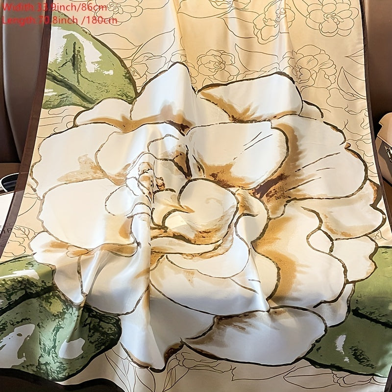 Camellia Print Satin Large Scarf Silk Shawl Casual Windproof Head Wrap