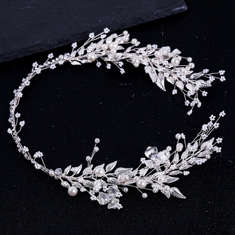 Bridal Silver Leaf Pearl Headband Tiara Wedding Hair Band