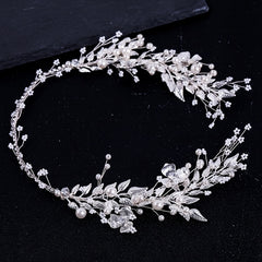 Bridal Silver Leaf Pearl Headband Tiara Wedding Hair Band