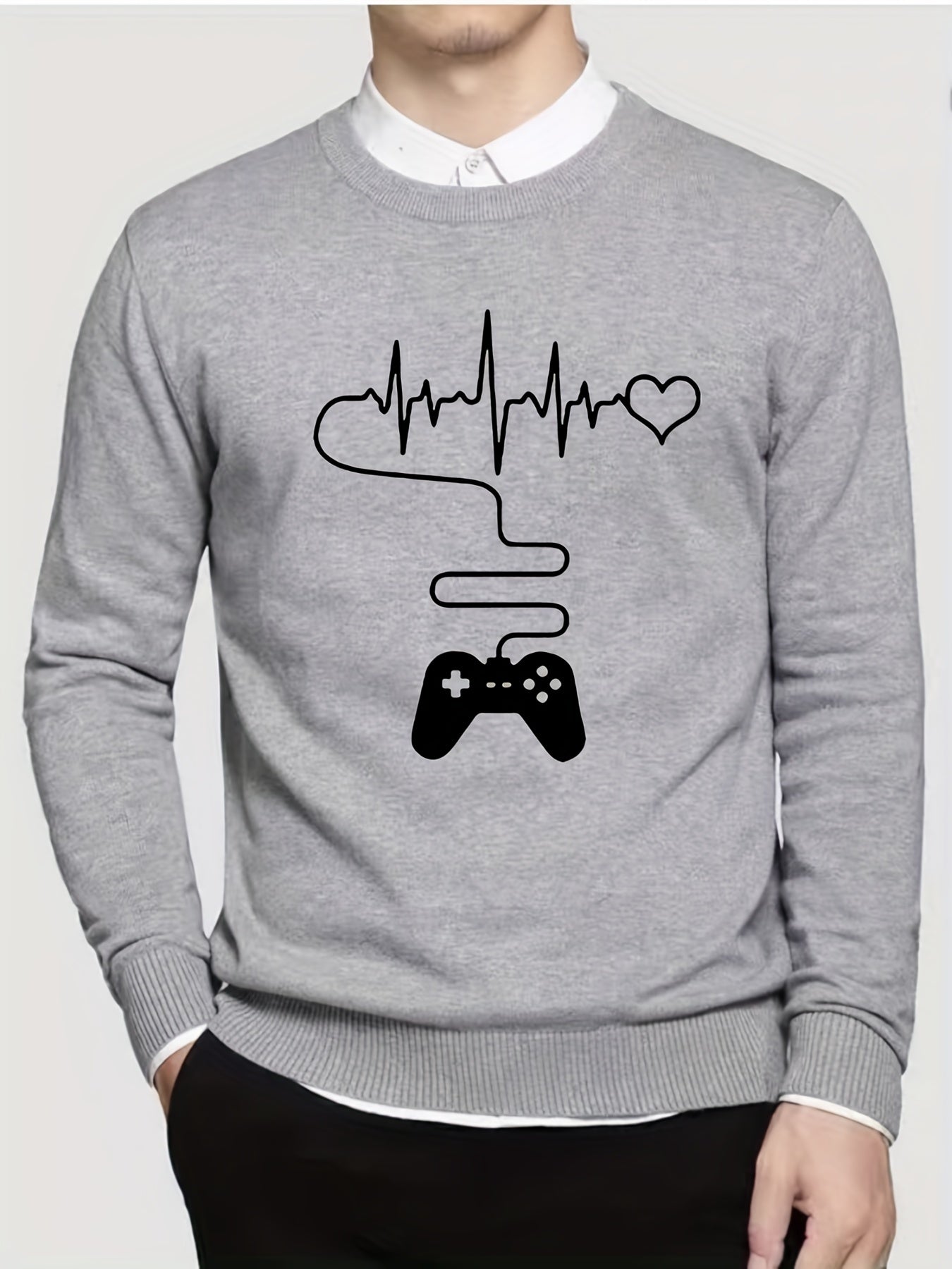 Gamepad & Heartbeat Pattern Knitted Sweater Men's Casual Warm Crew Neck Pullover