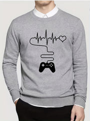 Gamepad & Heartbeat Pattern Knitted Sweater Men's Casual Warm Crew Neck Pullover