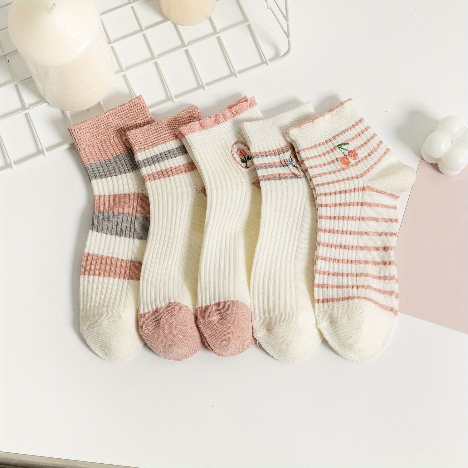 5 Pairs Striped Sports Socks Lightweight Crew Short Socks Women's Stockings
