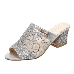 Sequins Chunky Heeled Peep Toe Sandals Slip On Mid Heels