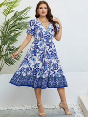 Colorblock Floral Print Puff Sleeve V Neck Midi Dress