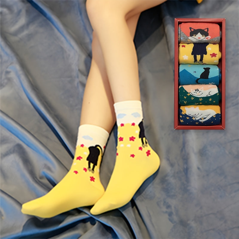 5 Pairs Cartoon Cat Crew Socks - Comfy Casual Breathable Cute Design