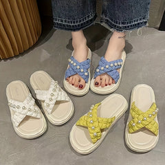 Women's Pearl Decor Sandals Open Toe Cross Strap Slip On Slippers