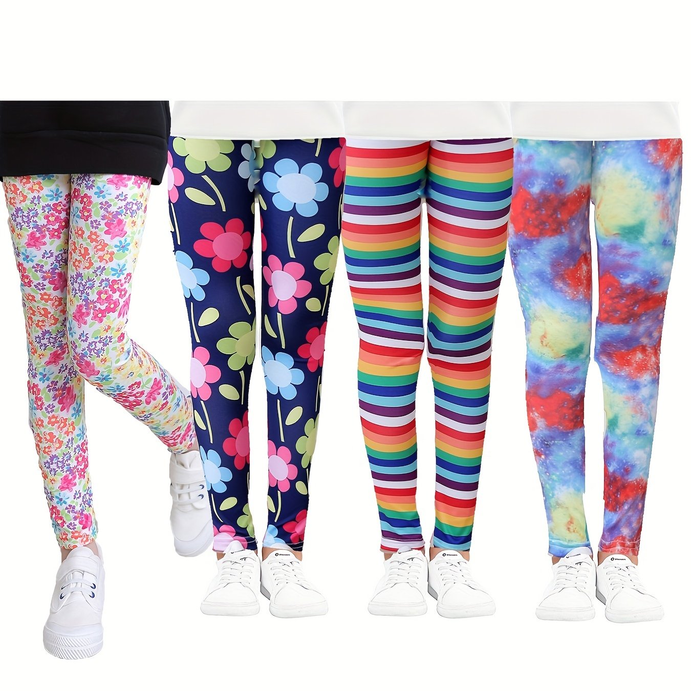 4 Pack Girls Striped Floral Leggings Stretch Sport Pants