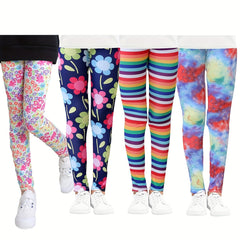 4 Pack Girls Striped Floral Leggings Stretch Sport Pants