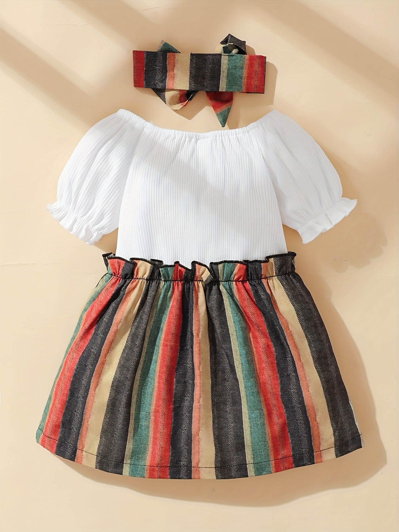 2pcs Baby Girls Striped Dress & Headband Set