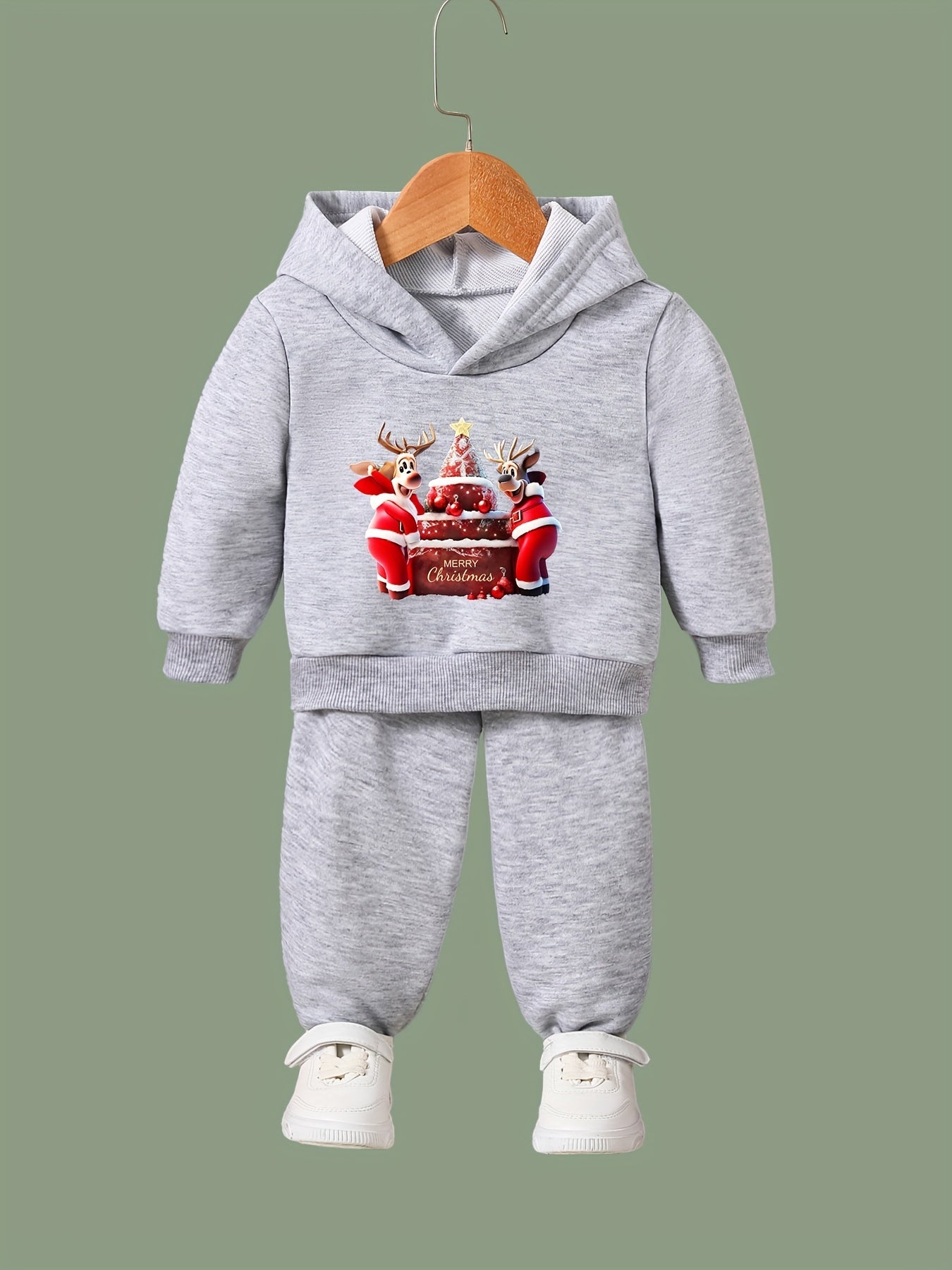 Reindeer & Christmas Cake Print Girls Hoodies Jogger Pants Set