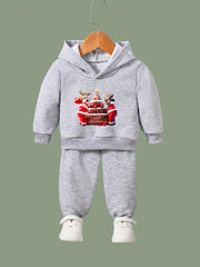 Reindeer & Christmas Cake Print Girls Hoodies Jogger Pants Set
