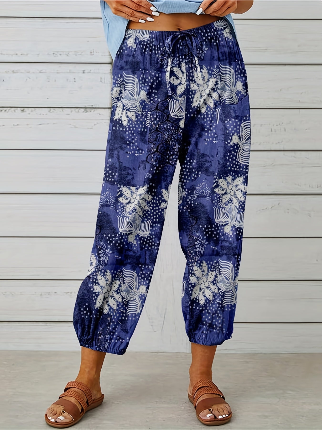 Graphic Print Tie Waist Pants Boho Summer Cropped Pants With Pockets