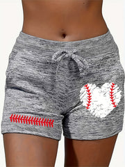 Baseball Heart Print Drawstring Summer Workout Shorts
