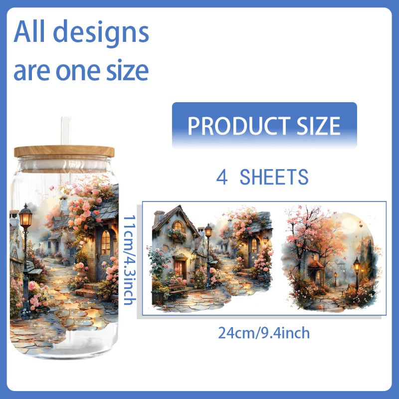 4pcs Scenic Park UV DTF Vinyl Paper for Glass Jars