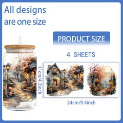 4pcs Scenic Park UV DTF Vinyl Paper for Glass Jars