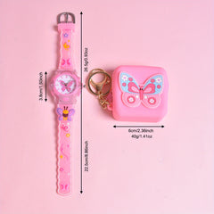 Girls' 3D Butterfly Silicone Strap Watch with LED Flash Quartz Wristwatch Set