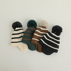 Striped Wool Ball Knitted Hat for Baby Boy and Girl