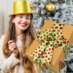 4.57m Christmas Wired Edge Ribbon Green Polka Dots Wrapping Colorful Fabric