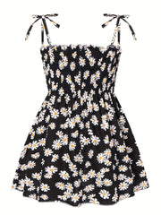 Toddler Girls Daisy Graphic Frill Trim Shirred Bow Shoulder Princess Cami Dress