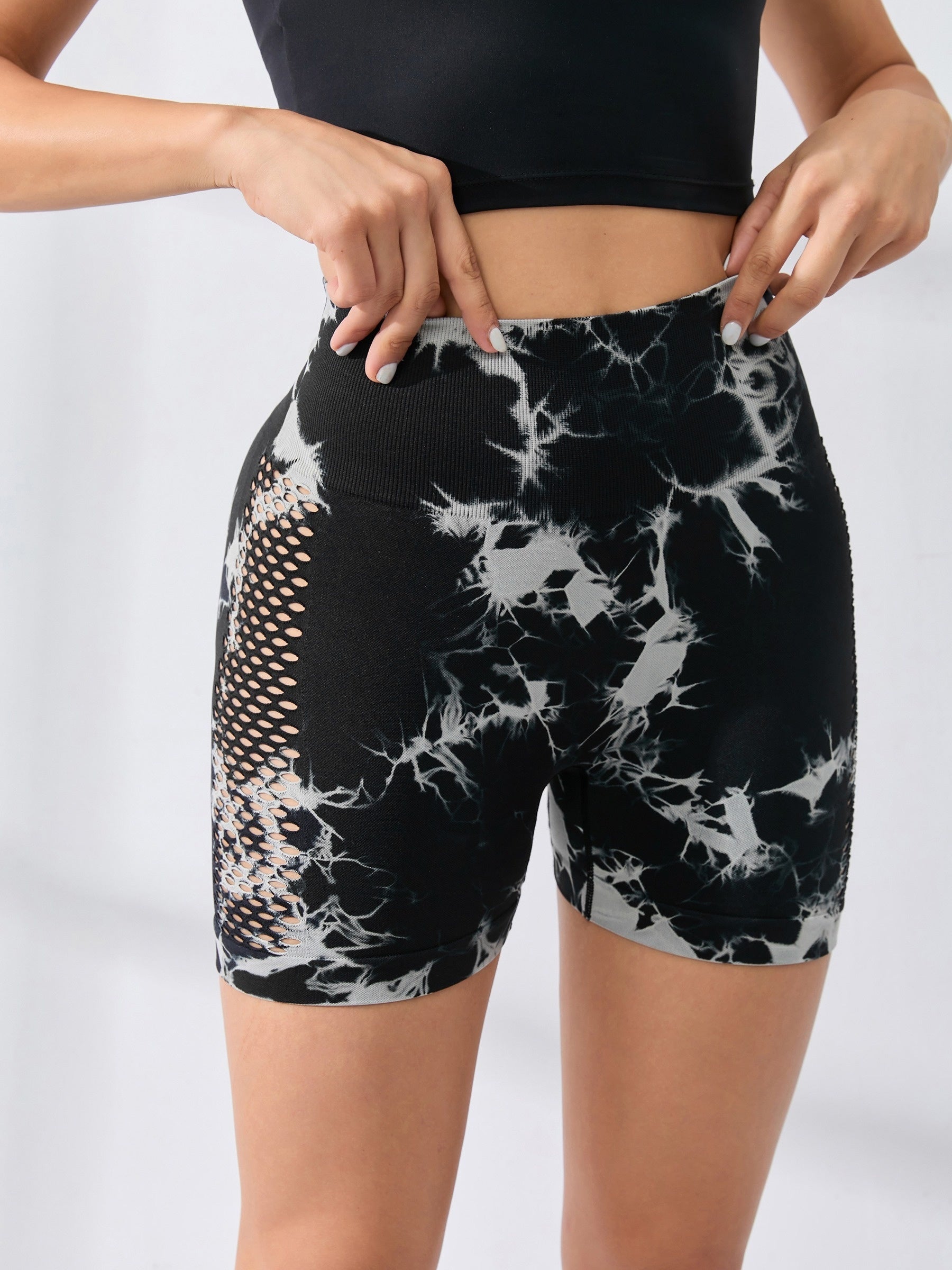 Tie Dye High Waist Shorts Cut Out Sports Fitness Yoga Running Shorts