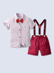 Boy's 2pc Bowtie Shirt & Overalls Set Geometric Pattern Outfits For Summer