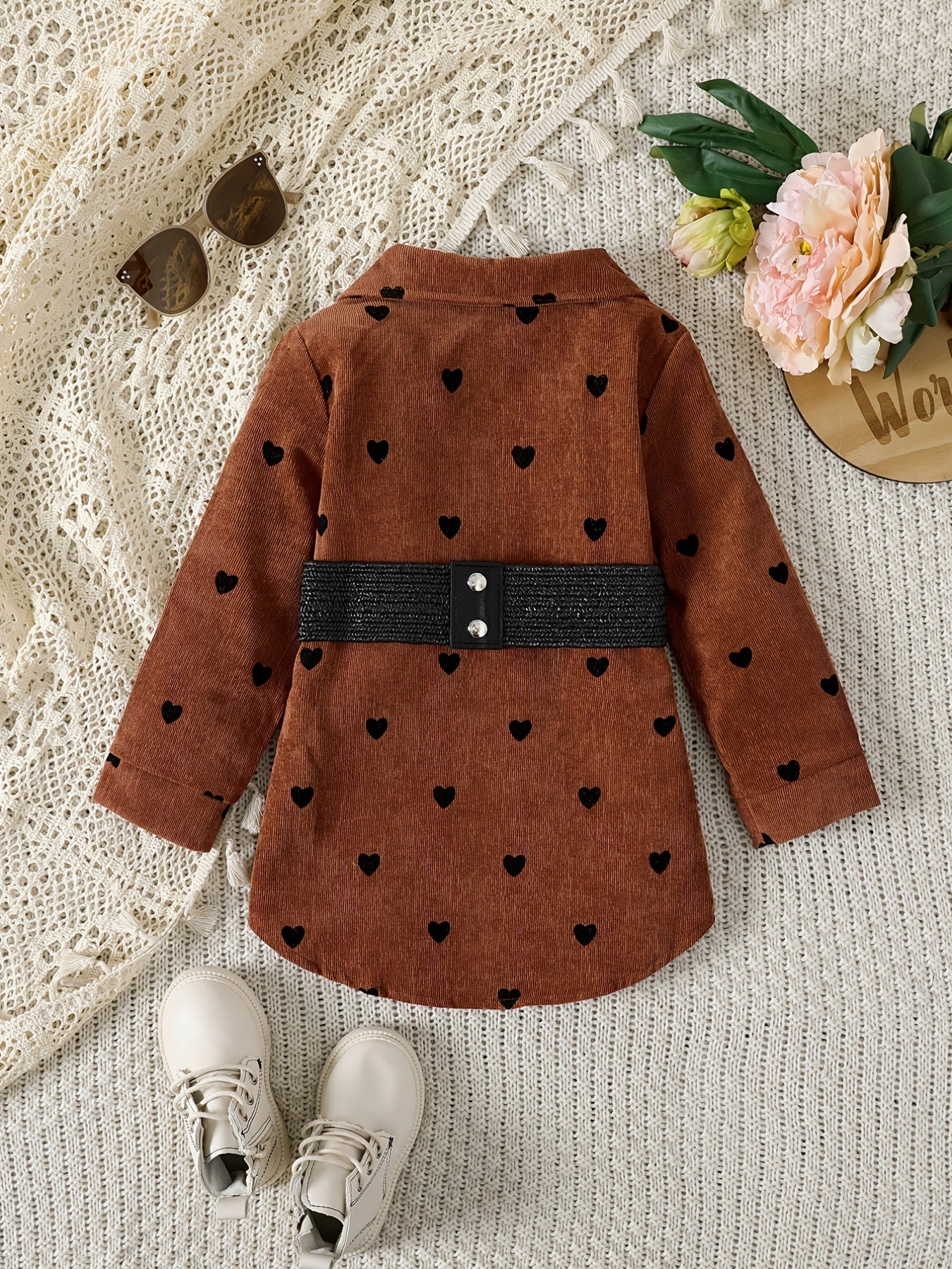 Girls' Lace Up Waist Button Down Corduroy Jacket Coat With Hearts Printed